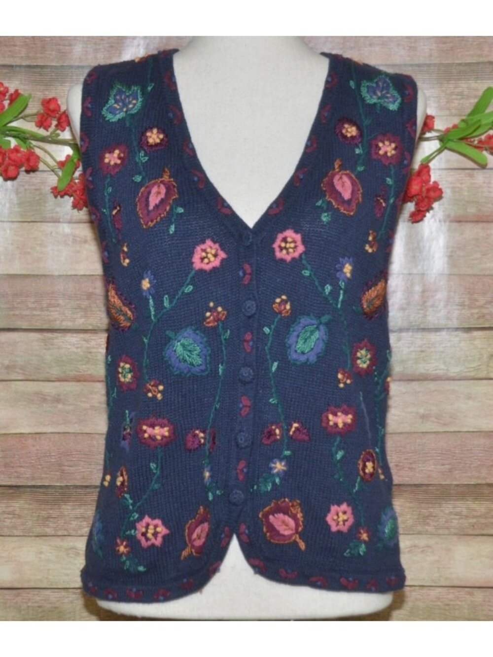 Vintage White Stag Sweater Vest Womens S Navy Floral Embroidered Grannycore Folk